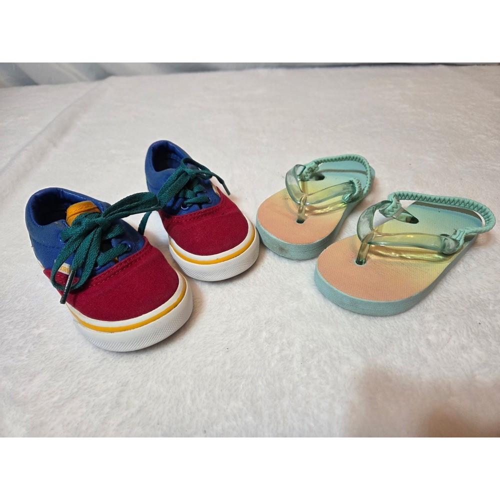 M345 Toddler Vans Red Blue Green Lace Up Sneakers & Mint Flip Flop Sandals 2...